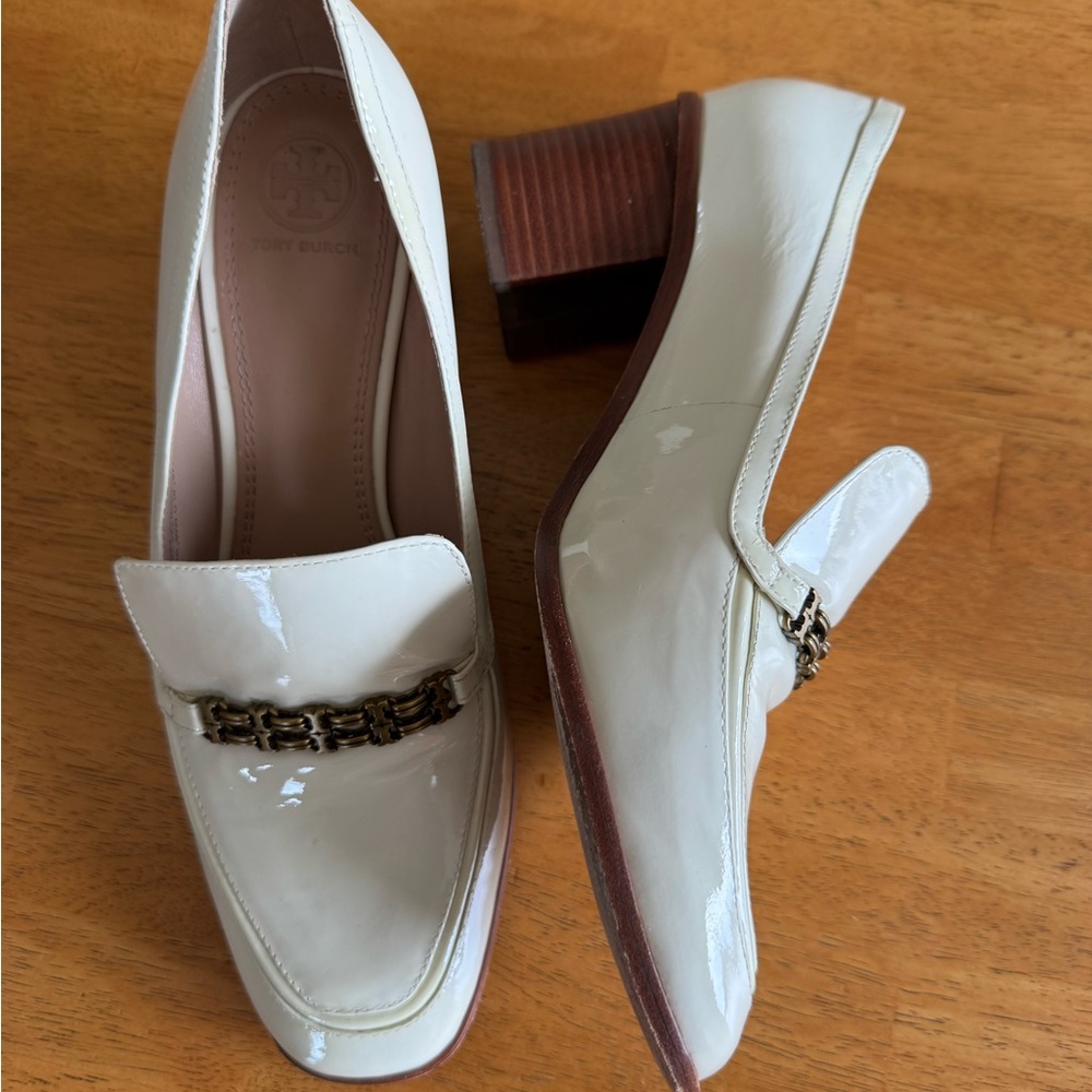 Tory Burch Sz 9.5 MGemini Ivory Patent Leather Pumps Heels Shoes - Picture 4 of 7